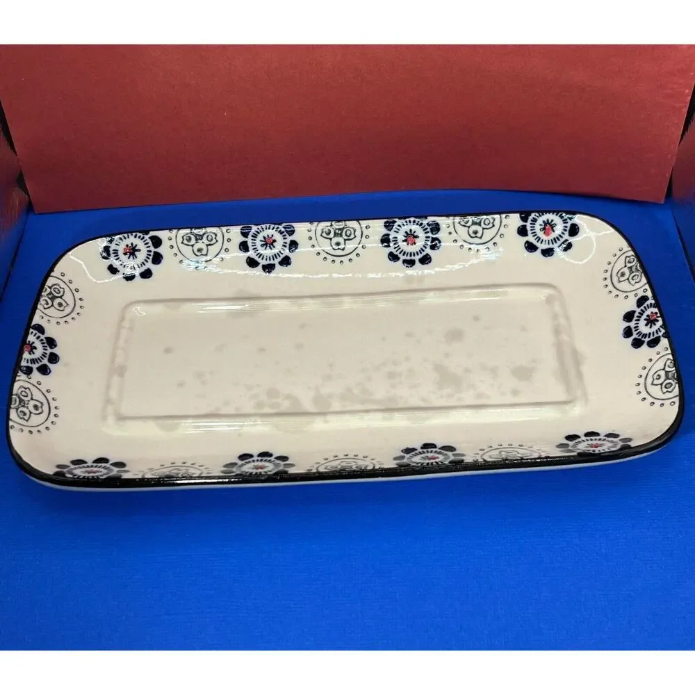 Royal Ceramic Butter Dish Blue & Cream Red Dots are Raised